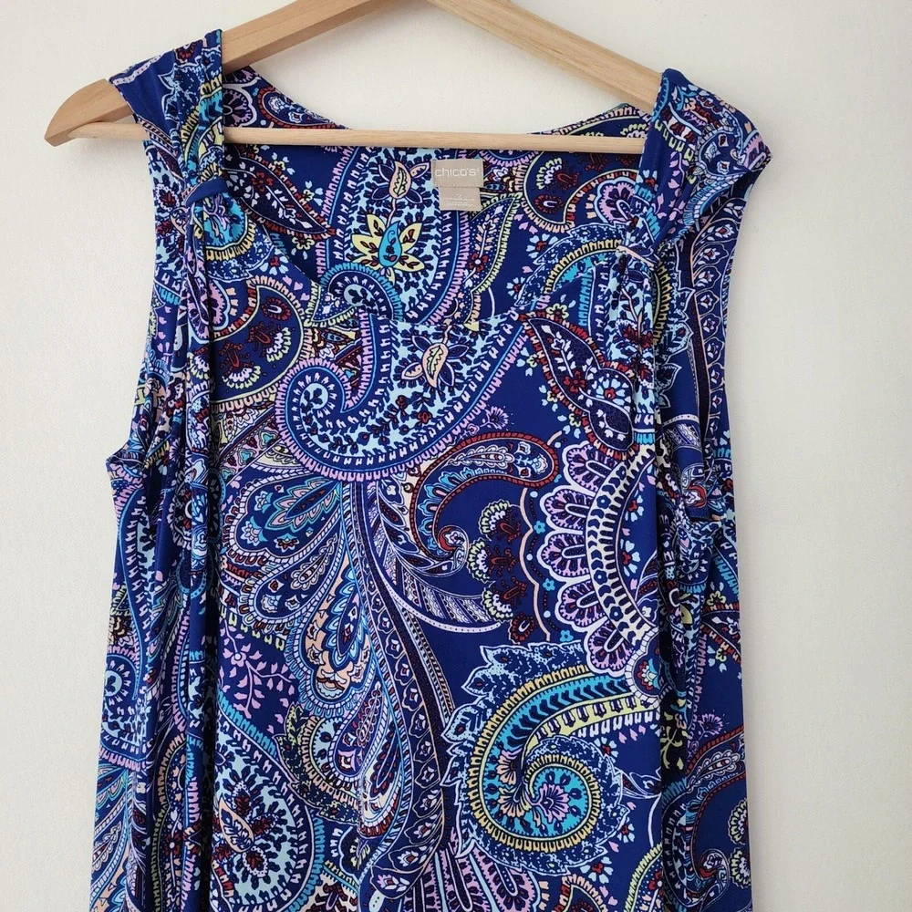 Chico's‎ multi color blue paisley sundress summer dress womens size  2 (12-14)